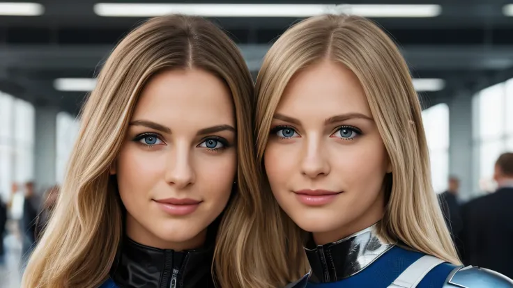 Large European Cities,The large floor of the terminal building is in the background,, a wide hallway that stretches straight out,upper body shot of 2 beautiful 18-year-old white beautiful models with impressive blue eyes standing apart,so that the face fit...