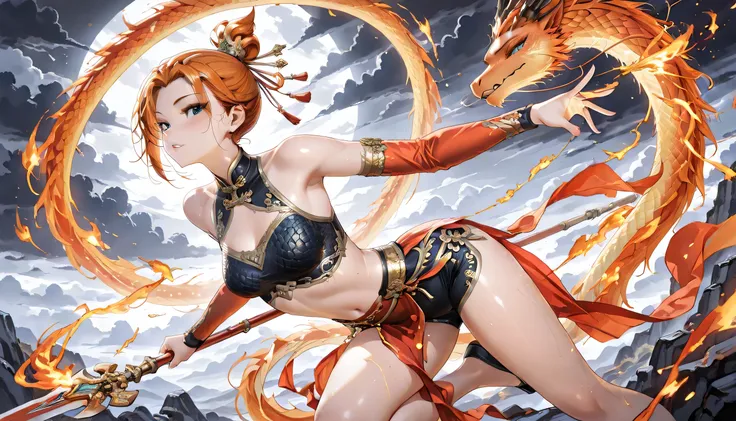 (masterpiece, best quality, ultra detailed, 4K, Chinese mythological fantasy style), A mature, seductive, and powerful female warrior inspired by ancient Chinese mythology, around 16-18 years old. Her presence is both fierce and irresistible, with a sultry...