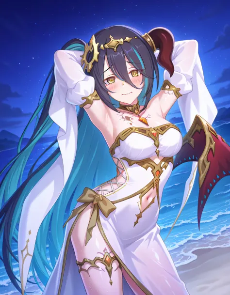pcranpha, black hair, blue hair, very long hair, two-tone hair, streaked hair, single horn, horn ring, single wing, yellow eyes, hair between eyes, rnphcer, one side up, gold tiara, tattoo, white dress, strapless dress, cross-laced dress, stomach cutout, n...