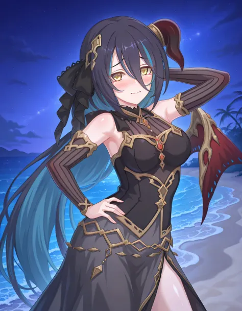 pcranpha, black hair, blue hair, very long hair, two-tone hair, streaked hair, single horn, horn ring, single wing, yellow eyes, hair between eyes, rnphdef, hair ribbon, black ribbon, hair ornament, black dress, sleeveless dress, gold trim, see-through cle...