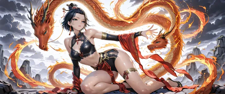 (masterpiece, best quality, ultra detailed, 4K, Chinese mythological fantasy style), A mature, seductive, and powerful female warrior inspired by ancient Chinese mythology, around 16-18 years old. Her presence is both fierce and irresistible, with a sultry...