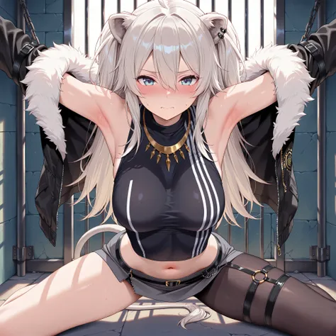 masterpiece,best quality, amazing quality, highres, absurdres, very aesthetic, high resolution, ultra detailed, perfect details,botanIL, ear piercing, lion tail,botandef, long hair, navel, fur-trimmed jacket, hair between eyes, two side up, black jacket, b...