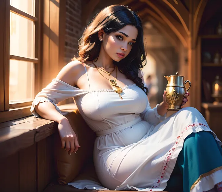 Create a detailed masterpiece featuring a curvy Iraqi mom in a milkmaid dress during medieval times. renaissance, morning breakfast time, with medium, soft, saggy breasts, adorned, necklace, sitting, print, solo, gold, embroidery 