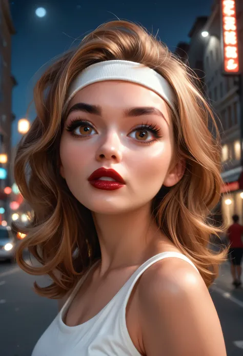 night sky, city street, perfect face, straight hair, lightest brown hair, white headband, black eyebrows, thick eyebrows, black eyeliners, big eyes, light brown eyes, bright red lips, thick lips, beautiful woman, white tank top