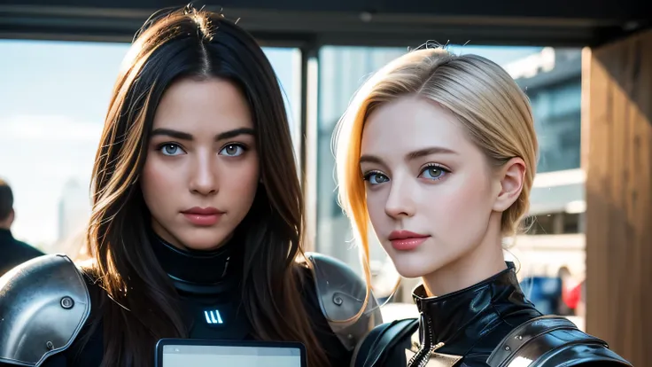 A large city in the United States,skyscraper with a tablet computer in his hand is in the background,Upper body shot of two beautiful 18-year-old white half models with blue eyes and platinum blond hair standing apart,front view,so that the face fits in th...