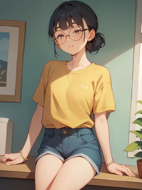 score_9, score_8_up, score_7_up, score_6_up, score_5_up, score_4_up, anime,nsfw,uncensored,young ,imagined as a real Japanese person wearing round glasses, Yellow t-shirt and dark blue shorts. make it look realistic and non-animated