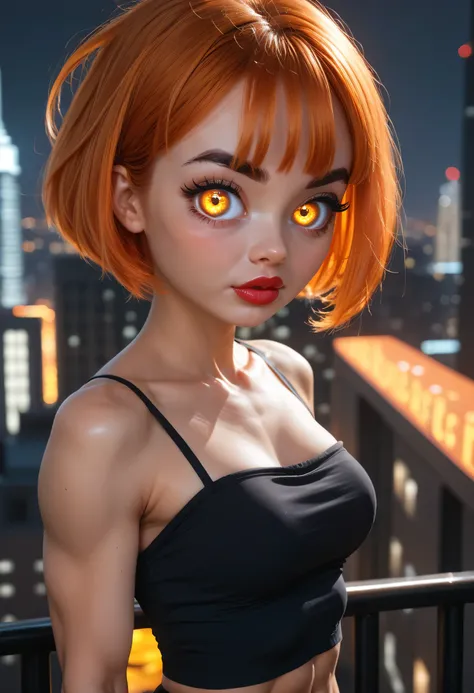 (cityscape:1.3), 1girl, ((short hair)), ((orange hair)), ((black eyebrows, thick eyebrows)), ((glowing golden eyes)), ((big eyes)), ((thick lipstick)), ((perfect face, beautiful girl)), ((muscular female)), (tube top, black tube top), from side, looking at...