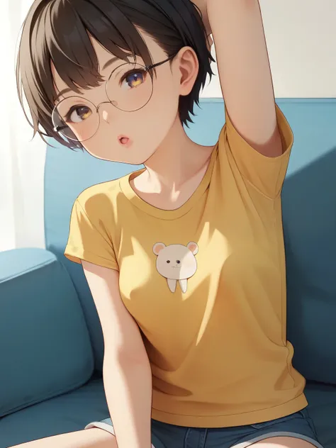 score_9, score_8_up, score_7_up, score_6_up, score_5_up, score_4_up, anime,nsfw,uncensored,young ,Baby Face,small breasts,Petite,skinny,imagined as a real Japanese person wearing round glasses,yellow t-shirt and dark blue miniskirt,make it look realistic a...