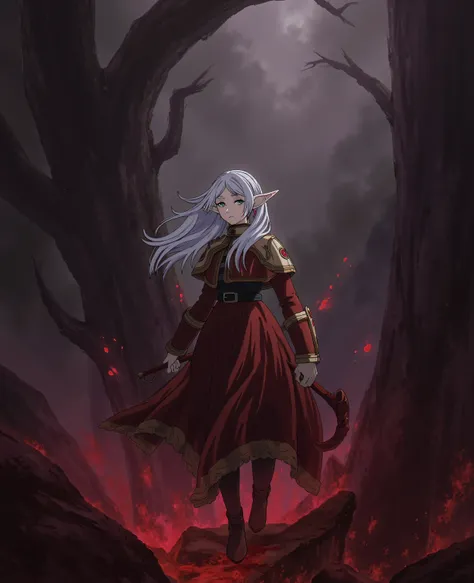 (Infernal Darkness Beautiful Girl), ((Hellish darkness)), ((Armadura de poder de sangue)), sangue, Frieren, white hair, small elf size like original frieren. Frieren height