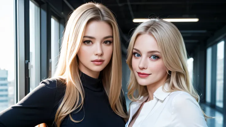 A wide, straight hallway of a skyscraper in the background,upper body shot of two beautiful 18-year-old white women with blue eyes and platinum blond hair standing apart,so that the face fits in the frame,head fits in frame,So that the hair fits in the fra...