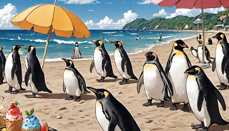 Penguins that eat ice cream when it's hot in summer、Eating ice cream with human-like gestures、アイスを食べているペンギンはsunglassesを掛けている、Surrounding penguins seem to want ice cream、ice cream looks delicious、Only penguins、Emphasize ingenuity、Feeling cool、About 5 pengui...