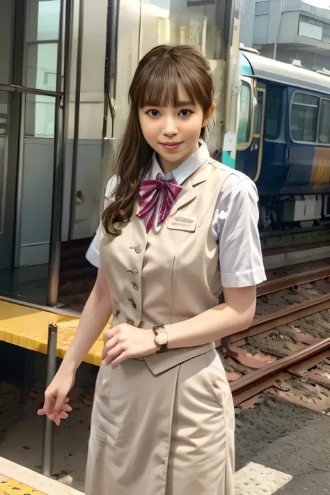 (masterpiece:1.2, Highest Quality:1.2), 32kHDR, high resolution, (alone、1 girl on break day)、( daytime building rooftop 、Professional Writing)、Building rooftop background、(JR WOMAN Train Crew Uniform Beige Real Style)、((JR Woman Train Crew Uniform Beige Li...