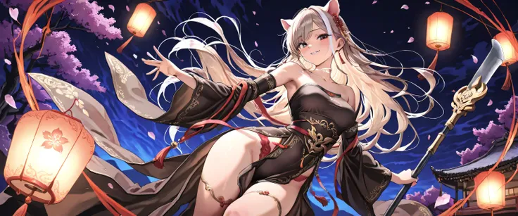 (masterpiece, best quality, ultra detailed, chinese fantasy style, high resolution, 4k), a seductive female version of Zhu Bajie, elegant yet powerful, in a dynamic pose swinging a massive ornate multi-toothed hoe. midriff, She has soft pig-like features —...