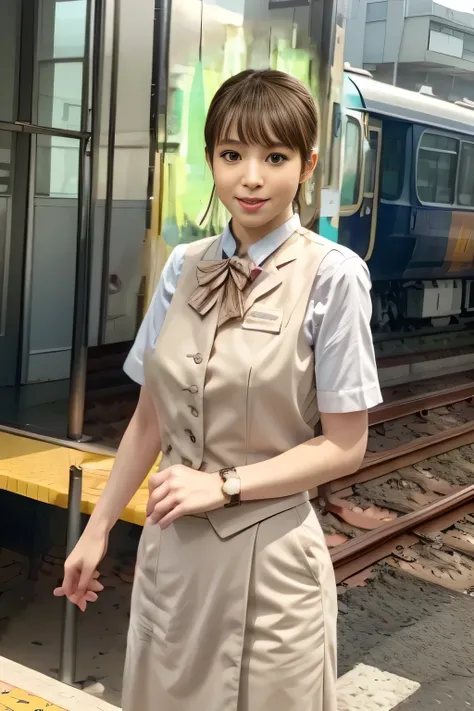 (masterpiece:1.2, Highest Quality:1.2), 32kHDR, high resolution, (alone、1 girl on break day)、( daytime building rooftop 、Professional Writing)、Building rooftop background、(JR WOMAN Train Crew Uniform Beige Real Style)、((JR Woman Train Crew Uniform Beige Li...