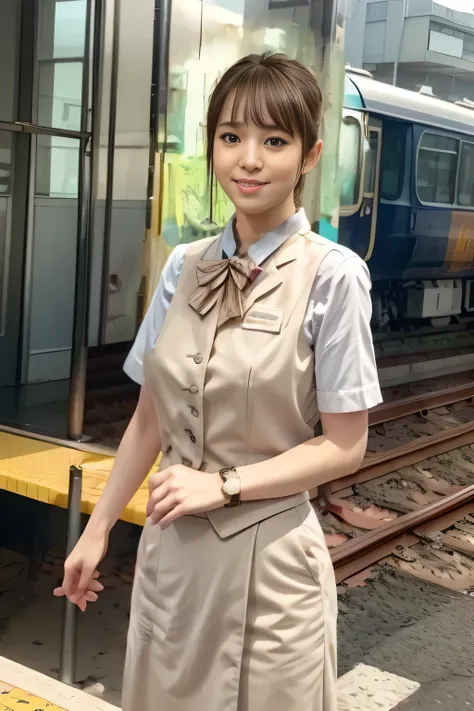 (masterpiece:1.2, Highest Quality:1.2), 32kHDR, high resolution, (alone、1 girl on break day)、( daytime building rooftop 、Professional Writing)、Building rooftop background、(JR WOMAN Train Crew Uniform Beige Real Style)、((JR Woman Train Crew Uniform Beige Li...