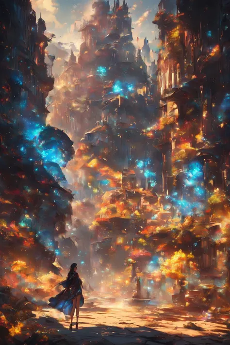 (masterpiece,best quality),icy spires and domes, reminiscent of a magical castle from a fairy tale,The environment is bathed in vibrant, glowing hues of blue creating an ethereal, dream-like atmosphere,luminous trees that appear to be covered in soft frost...