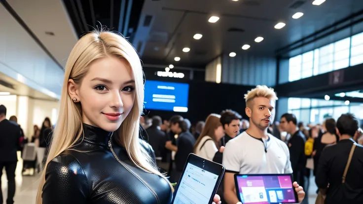 A large city in the United States,The floor of a large exhibition hall of a gorgeous skyscraper is in the background,, a wide hallway that stretches straight out,upper body shot of two beautiful 18-year-old white half models with impressive platinum blond ...