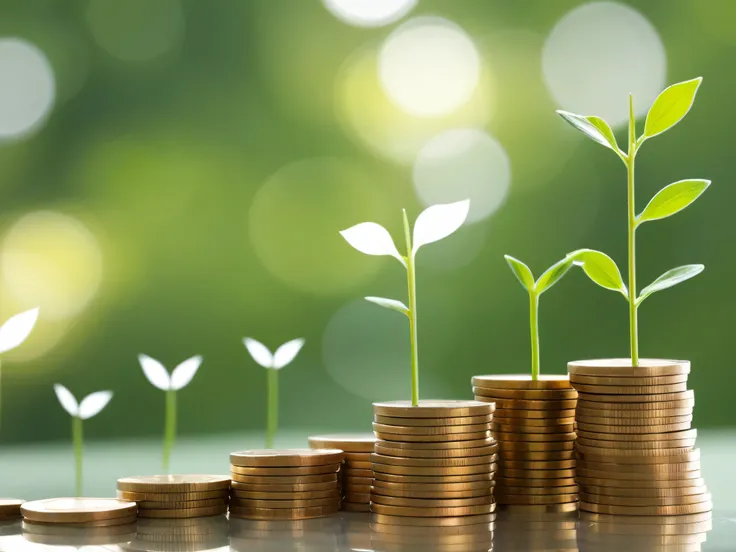 Image is a conceptual photograph featuring stacks of coins arranged in ascending order from left to right, symbolizing financial growth. Each stack of coins supports a small green plant with two leaves, representing growth and investment. The background is...