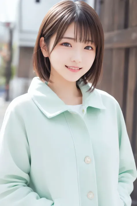 beautiful Japanese woman ,(Winter clothes:1.2), 20 years old、 light green coat、 ( RAW photo, best quality), (reality, realistic :1.4), clean looking 、iris、 Very Detailed Eyes and Face , beautiful detailed nose, beautiful eyes , perfect anatomy ove...