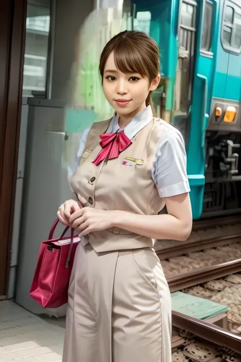 (masterpiece:1.2, Highest Quality:1.2), 32kHDR, high resolution, (alone、1 girl on break day)、（ daytime building rooftop 、Professional Writing）、Building rooftop background、（JR WOMAN Train Crew Uniform Beige Real Style）、（（JR Woman Train Crew Uniform Beige Li...