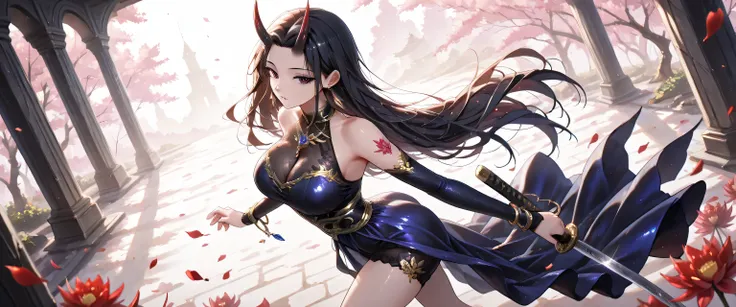 ((masterpiece, best quality, ultra detailed, high resolution, beautiful detailed face, beautiful detailed eyes, perfect hands, 4K)), (1 woman, solo), oni, one cute horn, (big breasts), (silver short hair, girl with messy shoulder-length hair ), A beautiful...