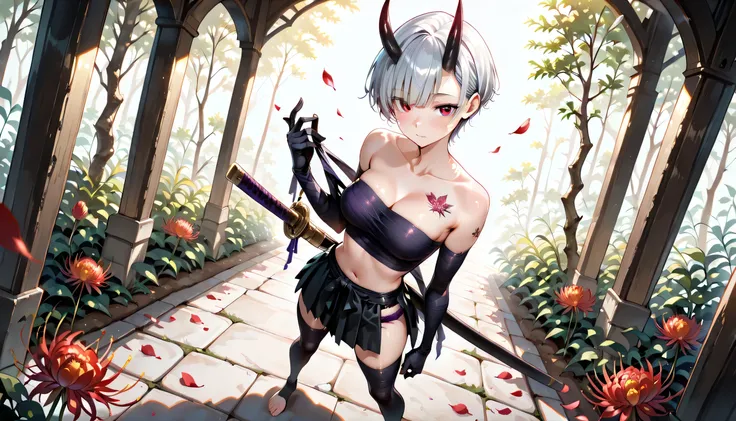 ((masterpiece, best quality, ultra detailed, high resolution, beautiful detailed face, beautiful detailed eyes, perfect hands, 4K)), (1 woman, solo), oni, one cute horn, (medium breasts), (girl with short pixie cut, straight bangs, soft layers, neat around...