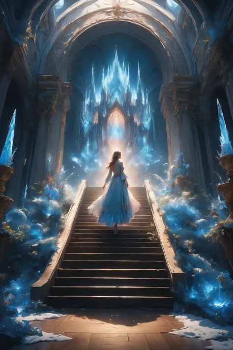 (masterpiece,best quality),fairy tale white icy spires and domes, that framed by flowing,glowing hues of blue creating an ethereal, dream-like atmosphere,trees covered in soft frost,a woman figure stands on the steps at the base of its grand entrance, she ...