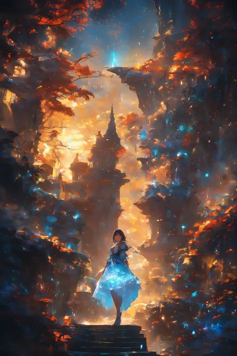 (masterpiece,best quality),fairy tale white icy spires and domes, that framed by flowing,glowing hues of blue creating an ethereal, dream-like atmosphere,trees covered in soft frost,a woman figure stands on the steps at the base of its grand entrance, she ...