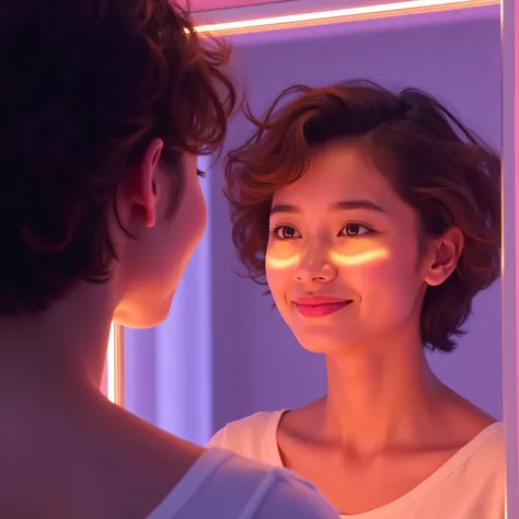 A confident young adult looking into a mirror that reflects a glowing, improved version of themselves with vibrant colors and positive energy.