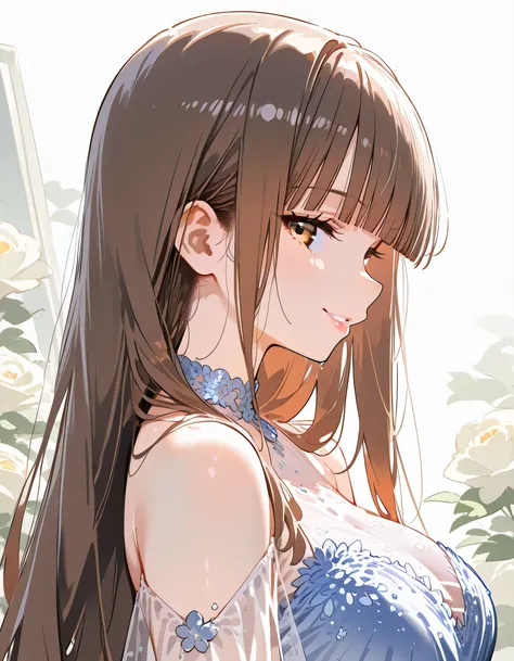 1girl,tea brown shoulder length hair,blunt bangs,looking at viewer:1.3,natural cosmetic,adult female face,full lips,smile, See-through color misterious sexy fitting party dress, BREAK,from sideview,(profile),focus of face,(closed up face),(upperbody), soft...
