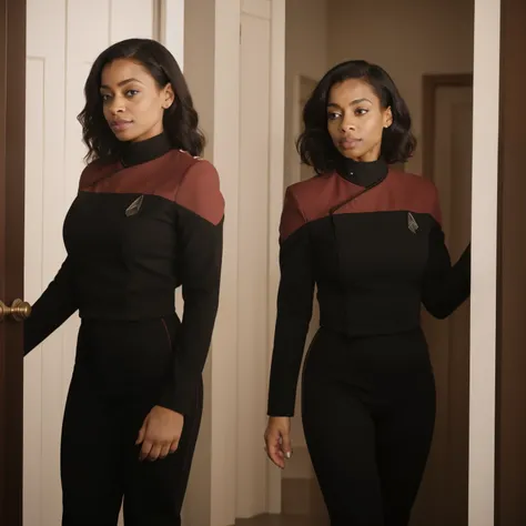 house, peop Best_QualityPos, RAW photo, intricate details, best quality, 8k uhd, soft lighting, 1girl, solo, Gina Torres, curly black hair, black skin, wearing (pcdst red uniform,black pants,black long sleeves:1.2)   