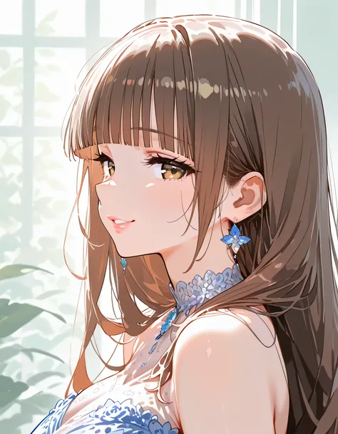 1girl,tea brown shoulder length hair,blunt bangs,looking at viewer:1.3,natural cosmetic,adult female face,full lips,smile, See-through color misterious sexy fitting party dress, BREAK,(profile),focus of face,(closed up face),(upperbody), soft focus,limited...