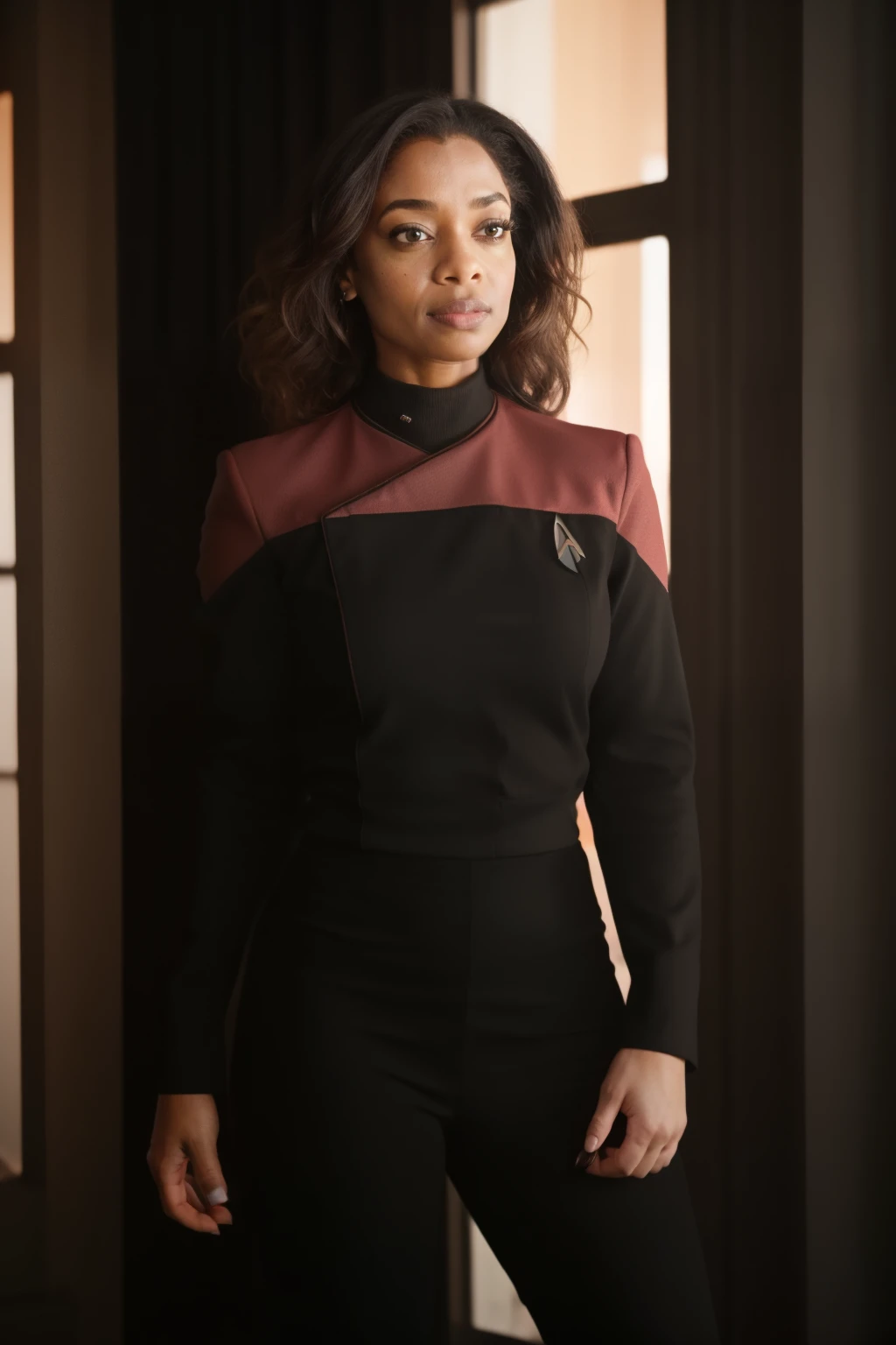 house, peop Best_QualityPos, RAW photo, intricate details, best quality, 8k uhd, soft lighting, 1girl, solo, Gina Torres, curly dark brown hair, black skin, wearing (pcdst red uniform,black pants,black long sleeves:1.2)   