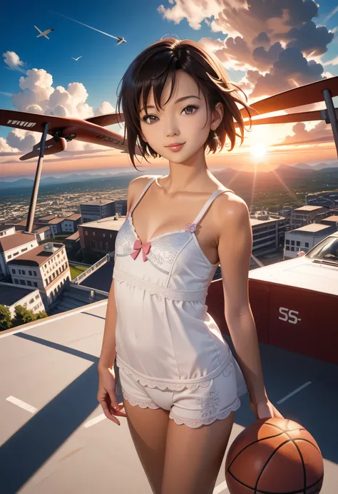 (realistic), (pictures), (短いヘムドレス), superless, white underwear, masterpiece, Highest Quality, Exquisite Description, Dramatic light,  dark-haired young asian girl with short hemdress does a lay-up shot in basketball ,  like a movie, anime scenery, Makoto S...
