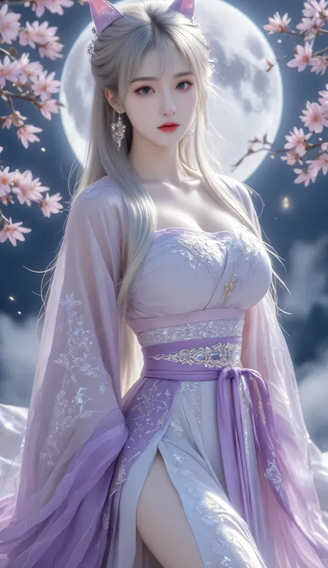 A beautiful Asian female dancer with long silver-white hair, partially tied with ornate hairpins, fox ears on her head, and enchanting purple eyes. She wears an elegant and flowing Eastern-inspired outfit in glowing shades of purple, pink, and silver. The ...