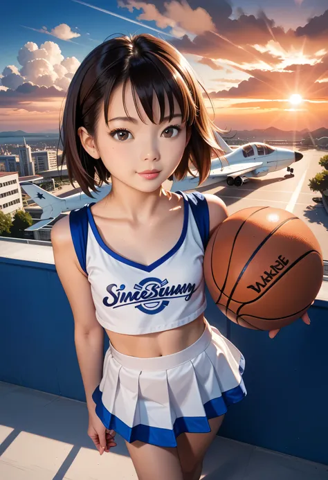 (realistic), (pictures), (short hem skirt dress),  white underwear, masterpiece, Highest Quality, Exquisite Description, Dramatic light,  dark-haired young asian girl does a lay-up shot in basketball ,  like a movie, anime scenery, Makoto Shinkai,  Fantasy...