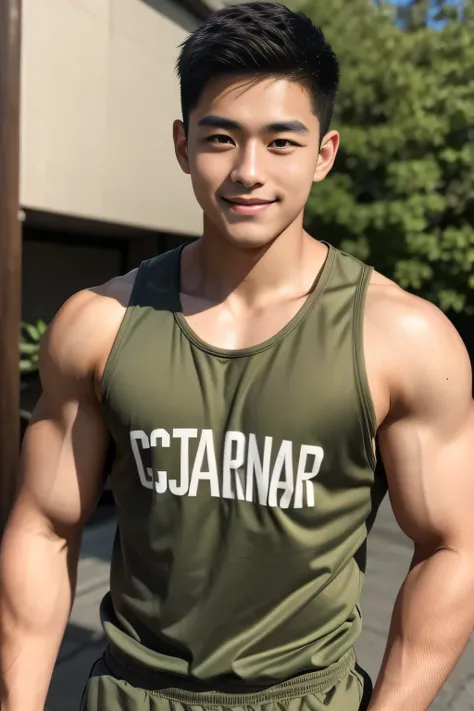 18-year-old male、Japanese、handsome、macho、athlete、Short Hair、facing the front、Khaki Tank Top、smile