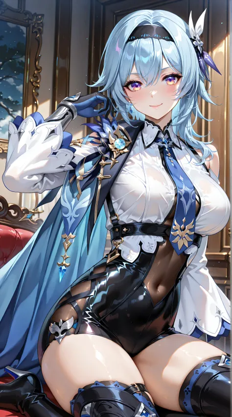 euladef、Shiny Latex Leotards、Big Breasts、 colorful eyes 、blue hair、medium hair、hair between eyes、side lock、Black Hairband、hair ornament、 blue cape、(white shirt:1.5)、blue tie、shoulder cutout、puffy long sleeve、wide sleeve、black gloves、Blue Gloves、clothing cu...