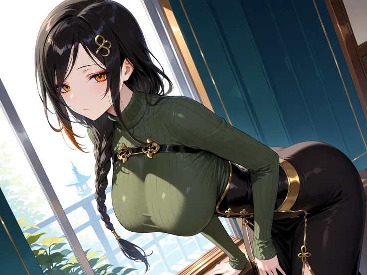 masterpiece,best quality, amazing quality, highres, absurdres, very aesthetic, high resolution, ultra detailed, perfect details,nijitomoe,large breasts,orange eyes,black hair,makeup,long hair,single braid,hair over sholuder,hair ornament,nijitomoecos,green...