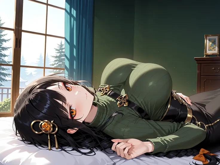 masterpiece,best quality, amazing quality, highres, absurdres, very aesthetic, high resolution, ultra detailed, perfect details,nijitomoe,large breasts,orange eyes,black hair,makeup,long hair,single braid,hair over sholuder,hair ornament,nijitomoecos,green...