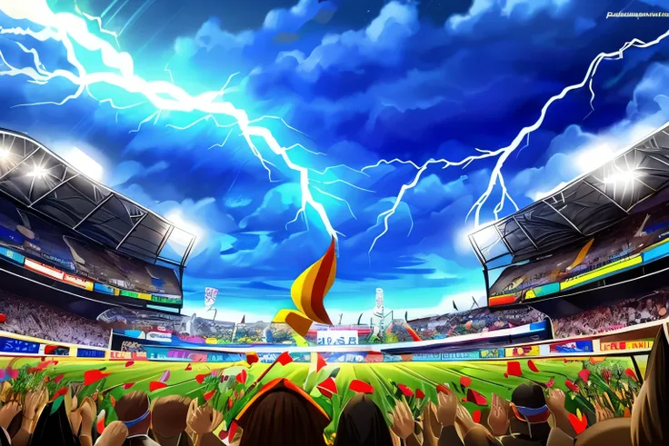 The Dictator's Festival will be held at the stadium、Please create an image of a scene where tens of thousands of people are enthusiastic about that speech。Please create an image of a scene where thunderstorms develop in the sky and lightning shines and jus...