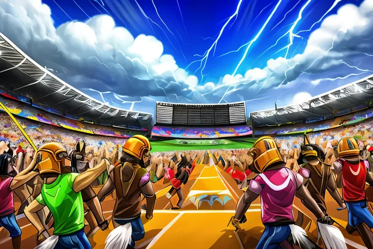 The Dictator's Festival will be held at the stadium、Please create an image of a scene where tens of thousands of people are enthusiastic about that speech。Please create an image of a scene where thunderstorms develop in the sky and lightning shines and jus...