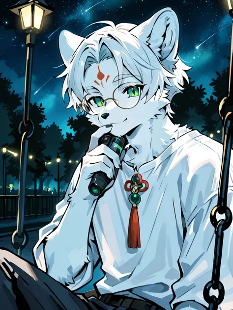 arctic fox,1boy,adult male,furry,white hair,short cropped hair(Gray hair on the right,Brunette on the left),White hair showing the forehead on the right side,The right side is white,Black hair on the left,with emerald beads on the right ear and a red tasse...