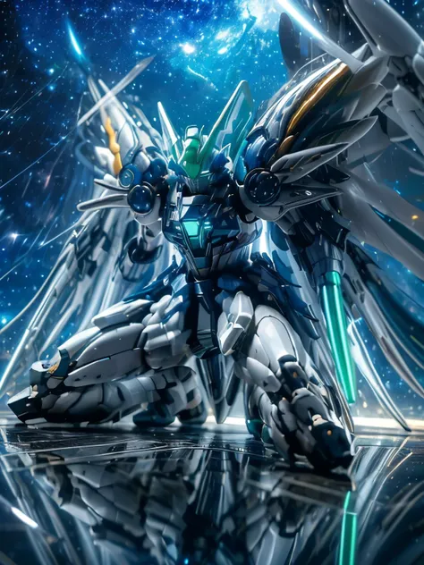 KOS-MOS has a futuristic assault rifle, Action shot ,(( holographic gloss effect)), score_9, score_8_Excellent, score_7_Excellent, 32K ,detailed depiction 、(( highly detailed CG integration ), CGSoation Trends、, ( action pose), standing with legs s...