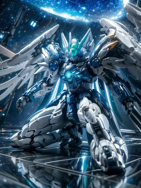 KOS-MOS has a futuristic assault rifle, Action shot ,(( holographic gloss effect)), score_9, score_8_Excellent, score_7_Excellent, 32K ,detailed depiction 、(( highly detailed CG integration ), CGSoation Trends、, ( action pose), standing with legs s...