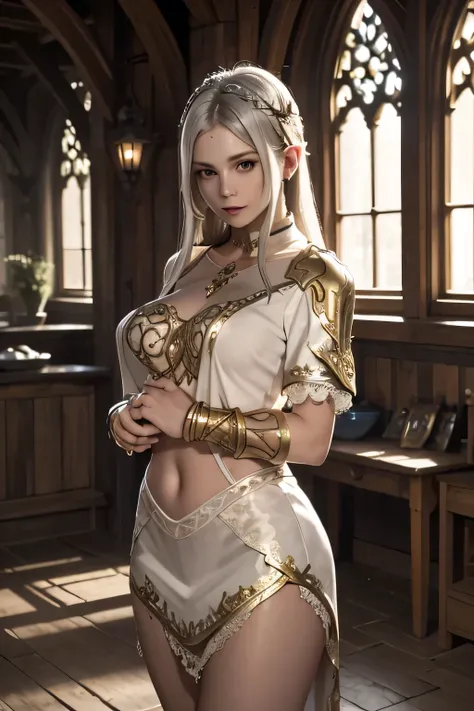 Long silver hair with ornate hair accessories, golden armor with intricate designs, blue and white garment with lace details, elegant shoulder armor, hands gracefully intertwined, wearing bracelets, standing pose, indoor stone-walled environment with woode...