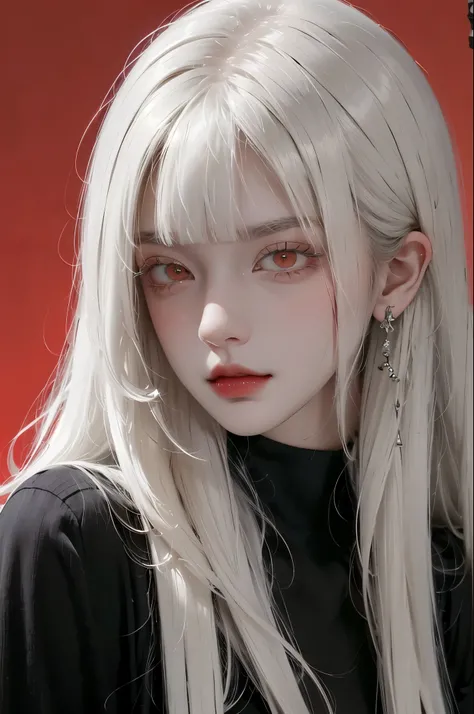 Analog style, RED eyes, white straight hair with straight bangs, red turtleneck , feminine, female, sexy, beautiful, BADASS, looks evil, cool, female fatale, ethereal , red background, Evil, menacingly , siren eyes, piercing eyes, intimidating , mature fac...