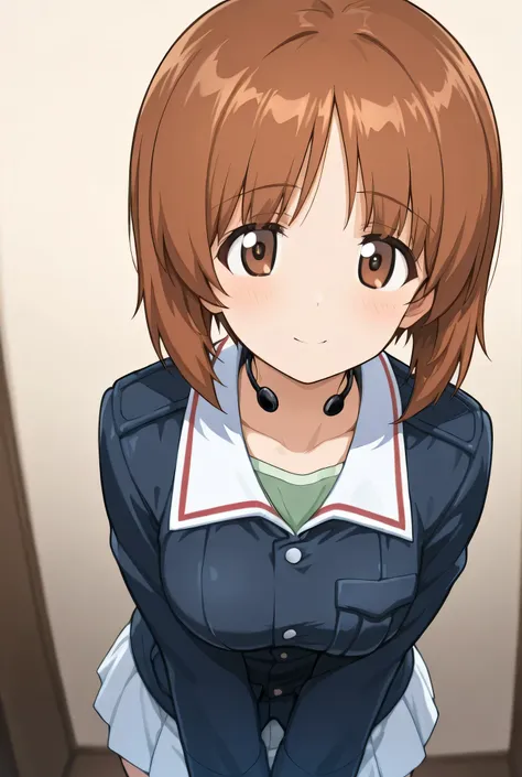 nishizumi miho,ooarai military uniform,throat microphone,cowboy shot,