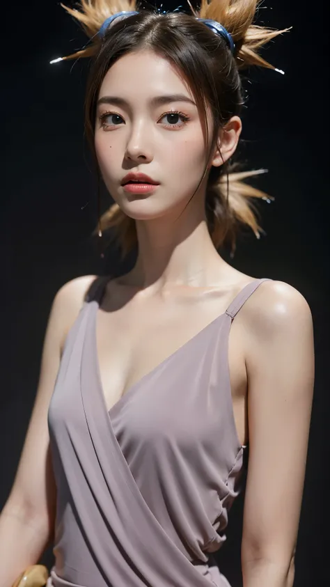 "A hyper-realistic portrait of a beautiful Japanese woman inspired by Temari from Naruto Shippuden, depicted as if she exists in the real world. She has sharp almond-shaped eyes with soft green irises, a confident and calm expression, and subtle yet striki...