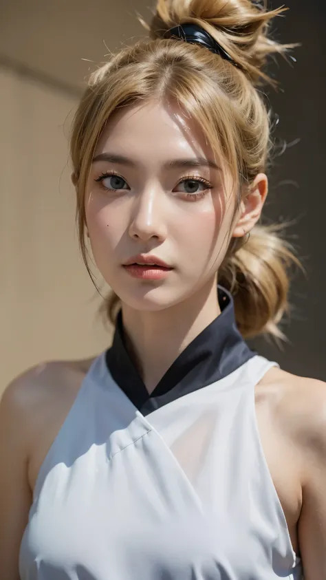 "A hyper-realistic portrait of a beautiful Japanese woman inspired by Temari from Naruto Shippuden, depicted as if she exists in the real world. She has sharp almond-shaped eyes with soft green irises, a confident and calm expression, and subtle yet striki...